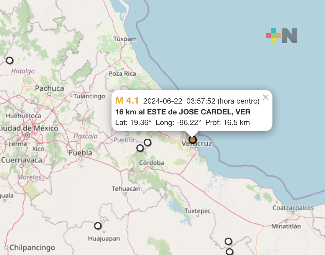 SSN registra sismo de 4.1 en localidad de José Cardel, municipio de La Antigua